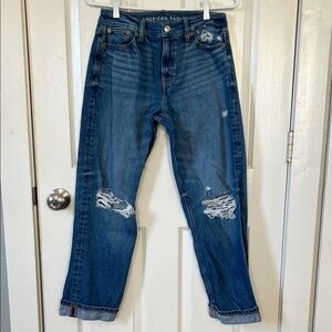 American Eagle Outfitters Medium Wash Ripped Ex-Boyfriend Jeans Cuffed Size 0S